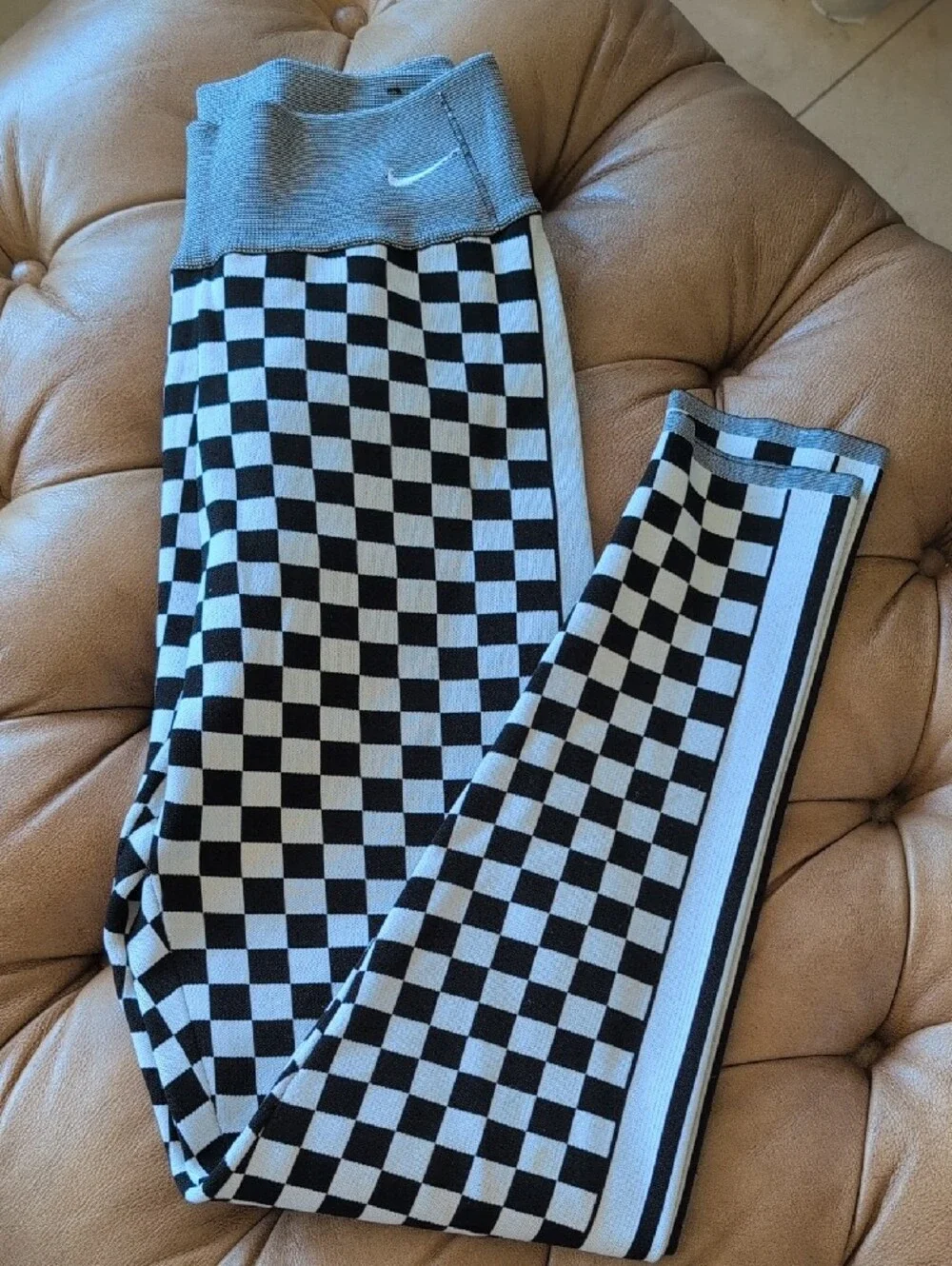 Nike Black & White Checkered Leggings with Side Stripe